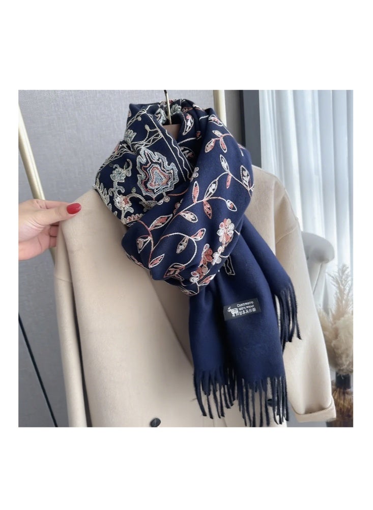 زيمي وشاح شال مطرز على الطراز العرقي للنساء، خلفية زرقاء داكنة مع تطريز زهري رقيق وجوز الكاجو، تصميم هامشي على الحواف، نسيج سميك، دافئ وزخرفي، نمط فريد من نوعه 70*200 سم - Image 5