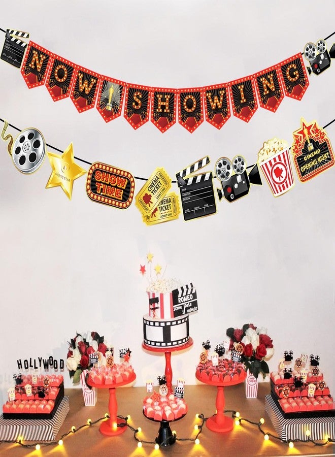Kinyanco 2Pcs Movie Night Party Decorations Now Showing Party Banner Theater Movie Signs Movie Film Garland Hollywood Movie Watching Party Supplies - Image 3