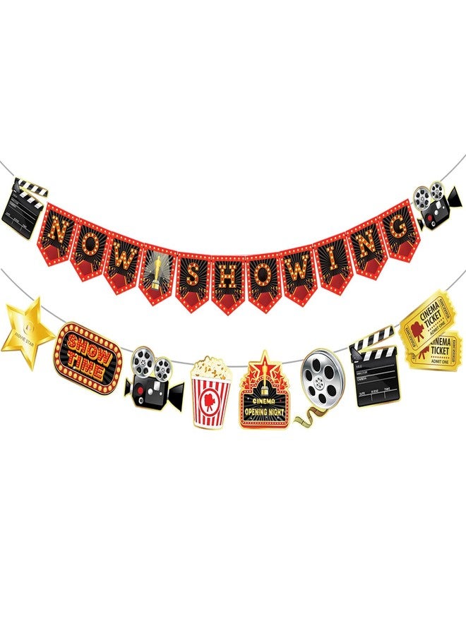 Kinyanco 2Pcs Movie Night Party Decorations Now Showing Party Banner Theater Movie Signs Movie Film Garland Hollywood Movie Watching Party Supplies - Image 1