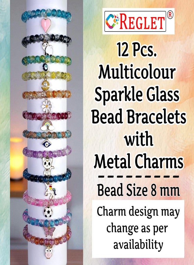 REGLET Pack of 12 - Dual Shade Sparkle Glass Bead Bracelet Set with Metal Charms - Mullticolour - Handcrafted Stretchable Bracelet for Girls Stylish, Women, Kids [8mm] - Image 3