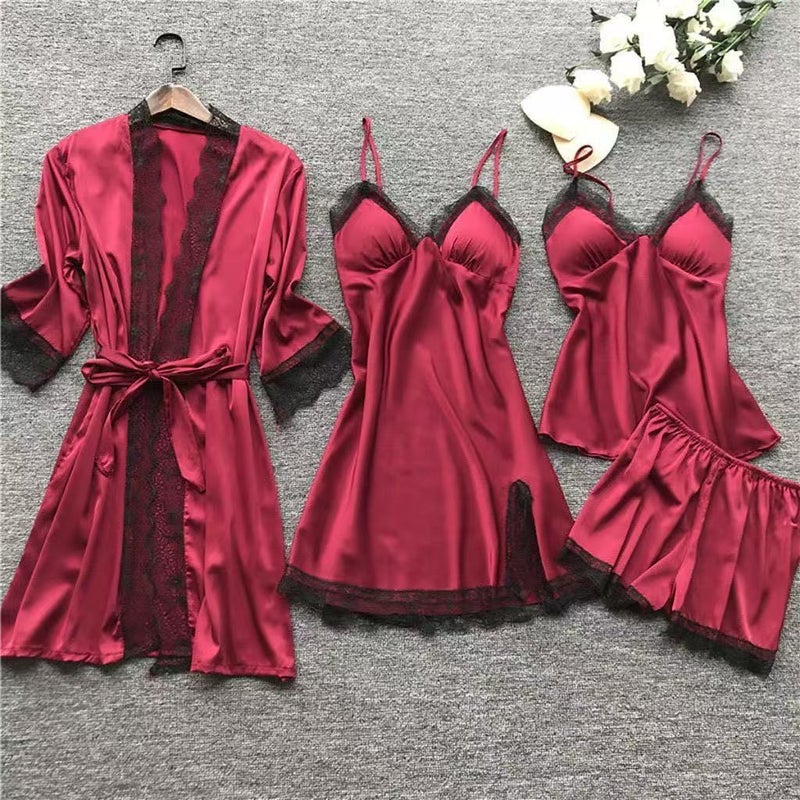 Purejoy Luxurious 4-Piece Women's Sleepwear Set - Satin Fabric, Antibacterial, Anti-Static, Soft & Comfortable
