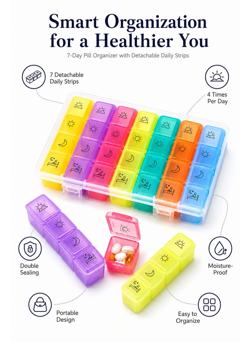 28 Compartment Weekly Pill Organizer Box – 7 Day Medicine Organizer with Morning, Noon, Evening & Night Labels, Removable Daily Trays, Large Capacity Vitamin & Supplement Case for Travel, Elderly, Rainbow Colors - Image 5