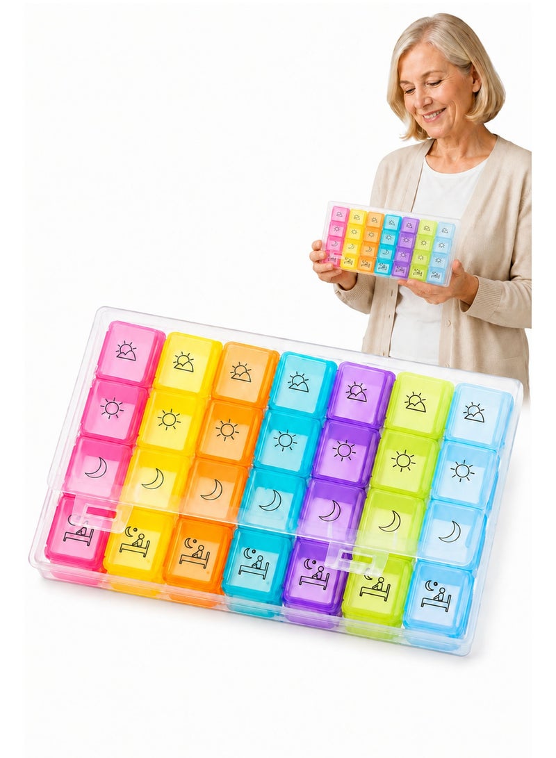 28 Compartment Weekly Pill Organizer Box – 7 Day Medicine Organizer with Morning, Noon, Evening & Night Labels, Removable Daily Trays, Large Capacity Vitamin & Supplement Case for Travel, Elderly, Rainbow Colors - Image 1