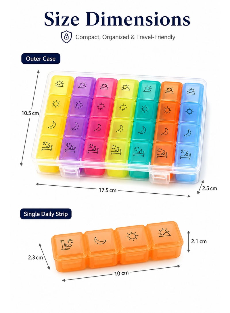 28 Compartment Weekly Pill Organizer Box – 7 Day Medicine Organizer with Morning, Noon, Evening & Night Labels, Removable Daily Trays, Large Capacity Vitamin & Supplement Case for Travel, Elderly, Rainbow Colors - Image 2