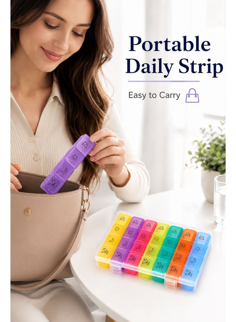 28 Compartment Weekly Pill Organizer Box – 7 Day Medicine Organizer with Morning, Noon, Evening & Night Labels, Removable Daily Trays, Large Capacity Vitamin & Supplement Case for Travel, Elderly, Rainbow Colors - Image 4