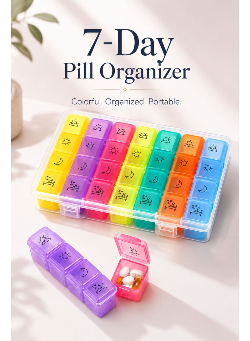 28 Compartment Weekly Pill Organizer Box – 7 Day Medicine Organizer with Morning, Noon, Evening & Night Labels, Removable Daily Trays, Large Capacity Vitamin & Supplement Case for Travel, Elderly, Rainbow Colors - Image 3