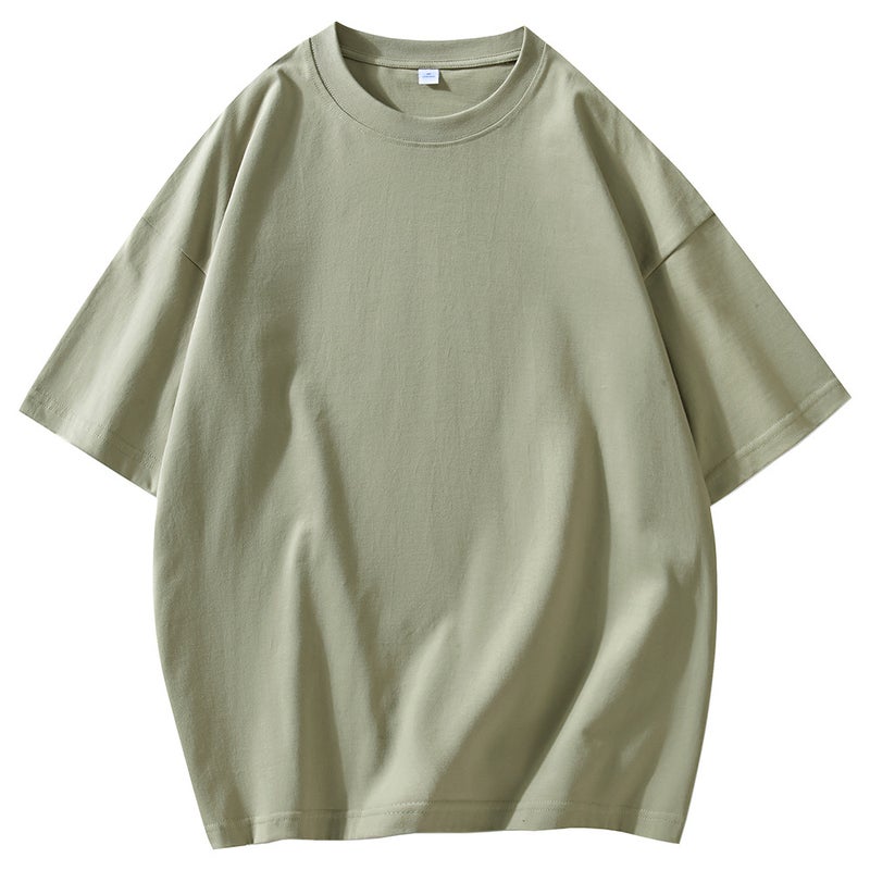 24 pieces 190g wide loose shoulder round neck small neckline short sleeve T-shirt custom logo solid color bottoming shirt in stock wholesale - Image 1