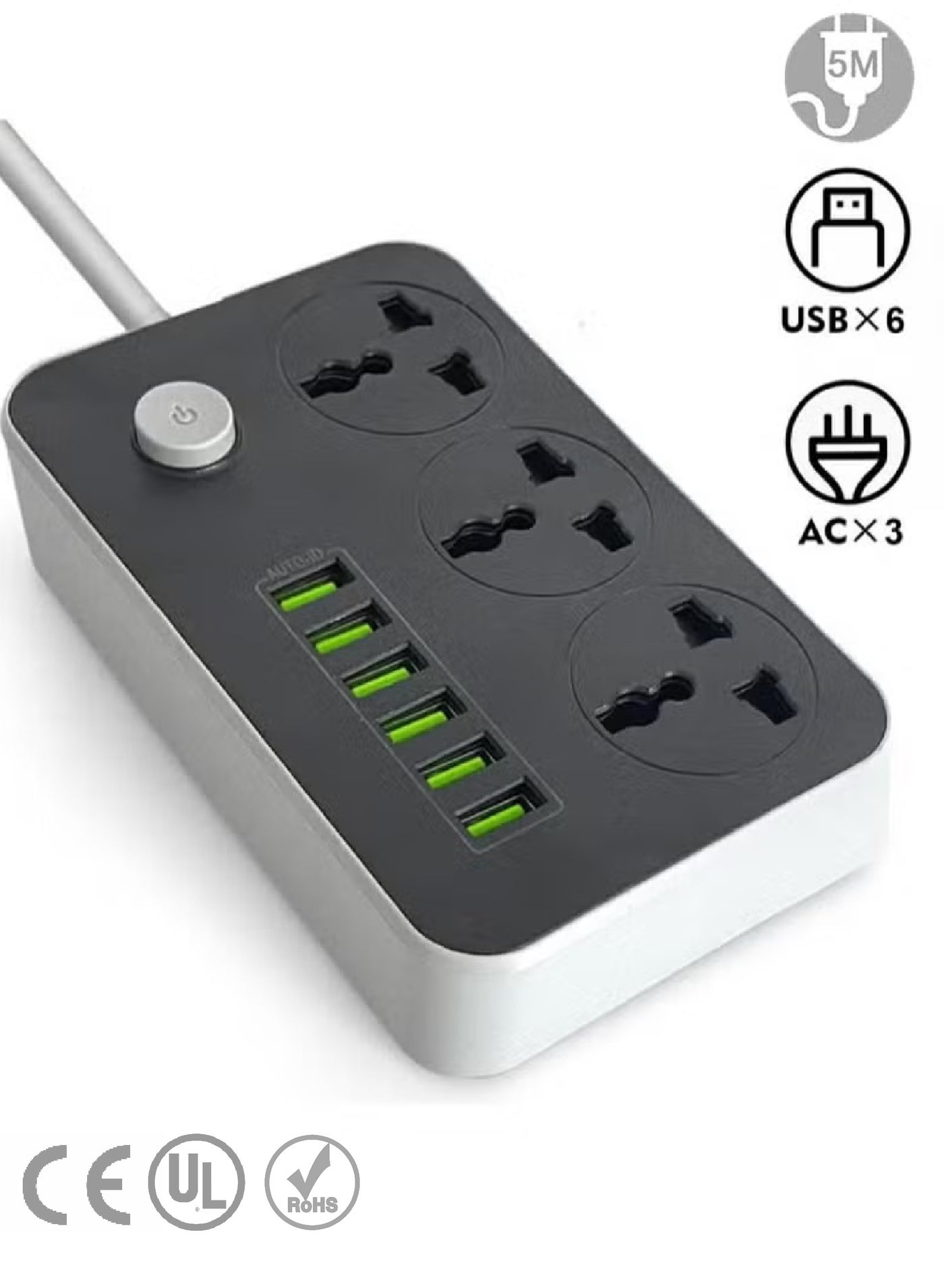 5 Meter 9 in 1 Universal Extension Cord with 3 Power Socket and 6 USB Slots, 3 Way Power Strip with USB type Charging slot, for home & office use Extension Lead 5M