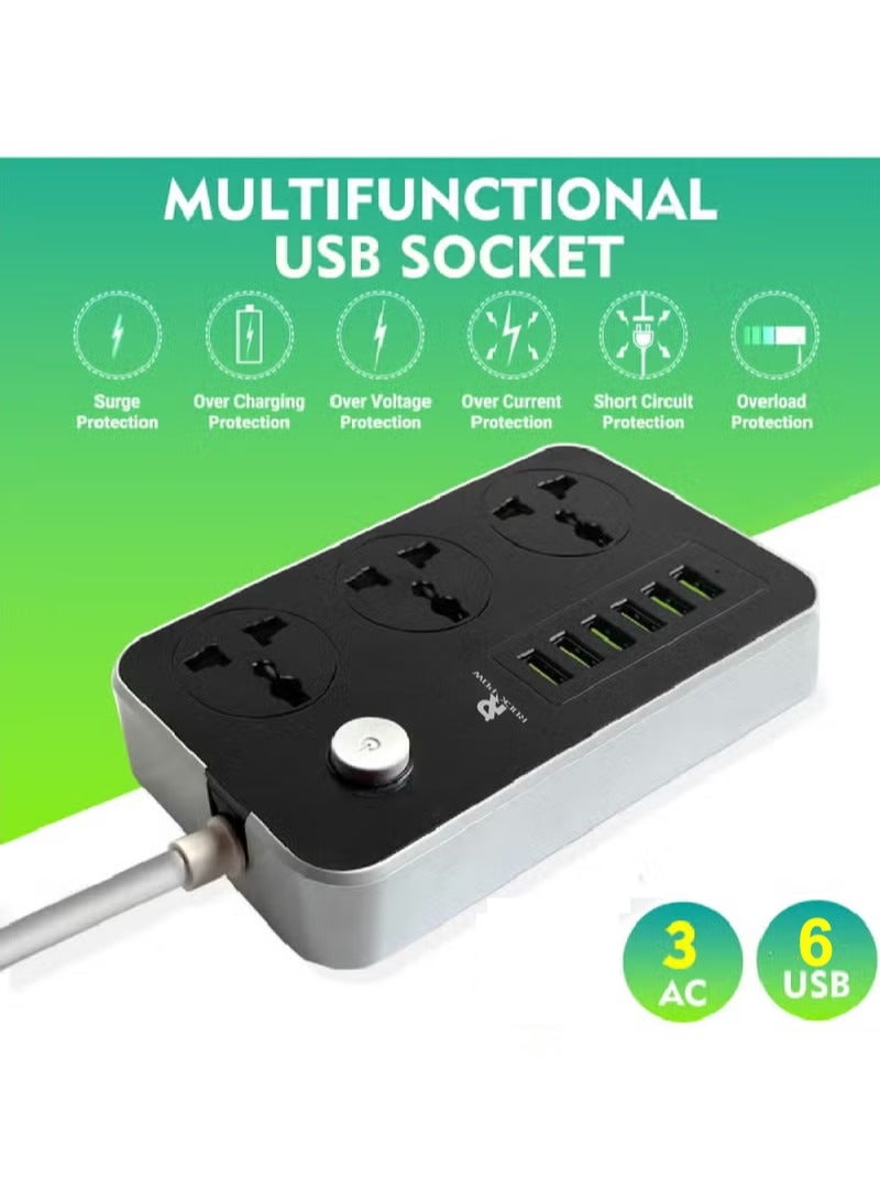 Rock Pow 5 Meter 9 in 1 Universal Extension Cord with 3 Power Socket and 6 USB Slots, 3 Way Power Strip with USB type Charging slot, for home & office use Extension Lead 5M - Image 2