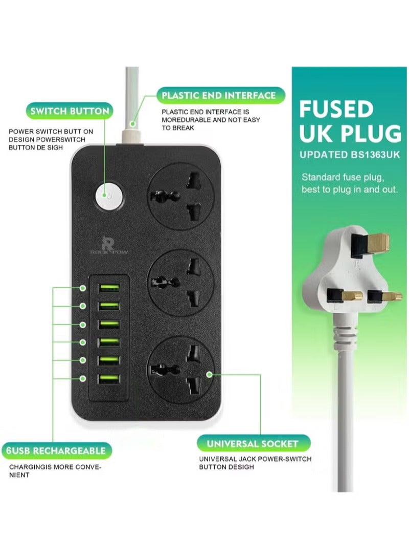 Rock Pow 5 Meter 9 in 1 Universal Extension Cord with 3 Power Socket and 6 USB Slots, 3 Way Power Strip with USB type Charging slot, for home & office use Extension Lead 5M - Image 3