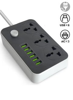 Rock Pow 5 Meter 9 in 1 Universal Extension Cord with 3 Power Socket and 6 USB Slots, 3 Way Power Strip with USB type Charging slot, for home & office use Extension Lead 5M  - Image 1