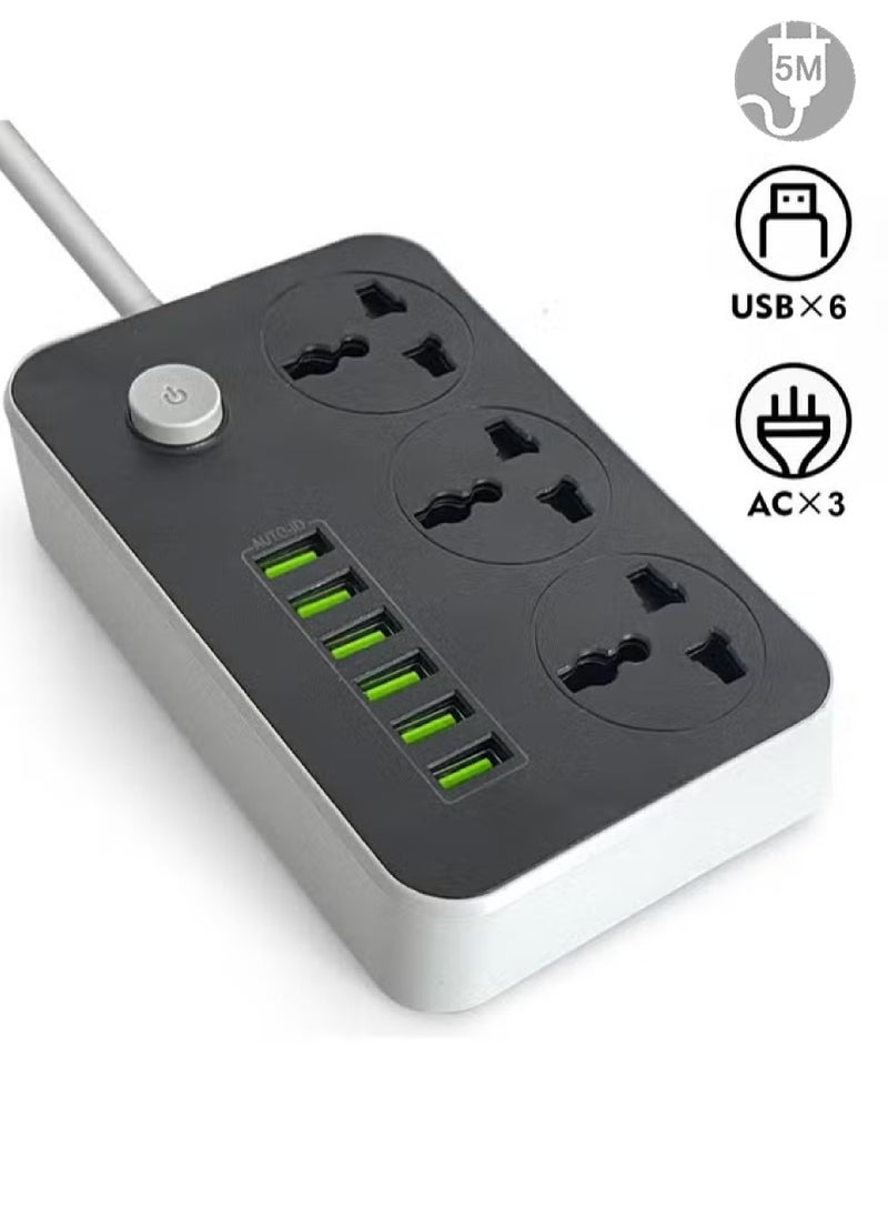 Rock Pow 5 Meter 9 in 1 Universal Extension Cord with 3 Power Socket and 6 USB Slots, 3 Way Power Strip with USB type Charging slot, for home & office use Extension Lead 5M  - Image 1