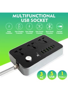 Rock Pow 5 Meter 9 in 1 Universal Extension Cord with 3 Power Socket and 6 USB Slots, 3 Way Power Strip with USB type Charging slot, for home & office use Extension Lead 5M  - Image 2