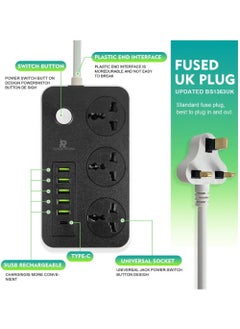 Rock Pow 5 Meter 9 in 1 Universal Extension Cord with 3 Power Socket and 6 USB Slots, 3 Way Power Strip with USB type Charging slot, for home & office use Extension Lead 5M  - Image 3