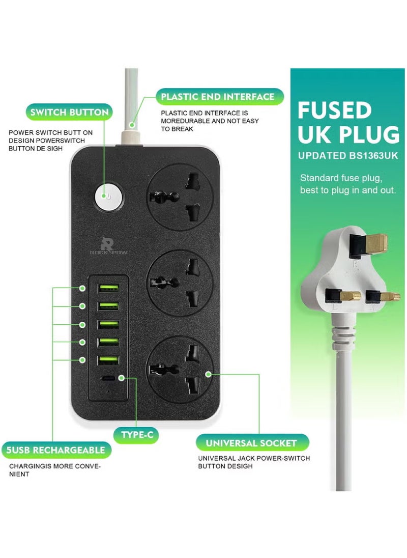 Rock Pow 5 Meter 9 in 1 Universal Extension Cord with 3 Power Socket and 6 USB Slots, 3 Way Power Strip with USB type Charging slot, for home & office use Extension Lead 5M  - Image 3