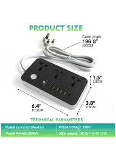 Rock Pow 5 Meter 9 in 1 Universal Extension Cord with 3 Power Socket and 6 USB Slots, 3 Way Power Strip with USB type Charging slot, for home & office use Extension Lead 5M  - Image 4