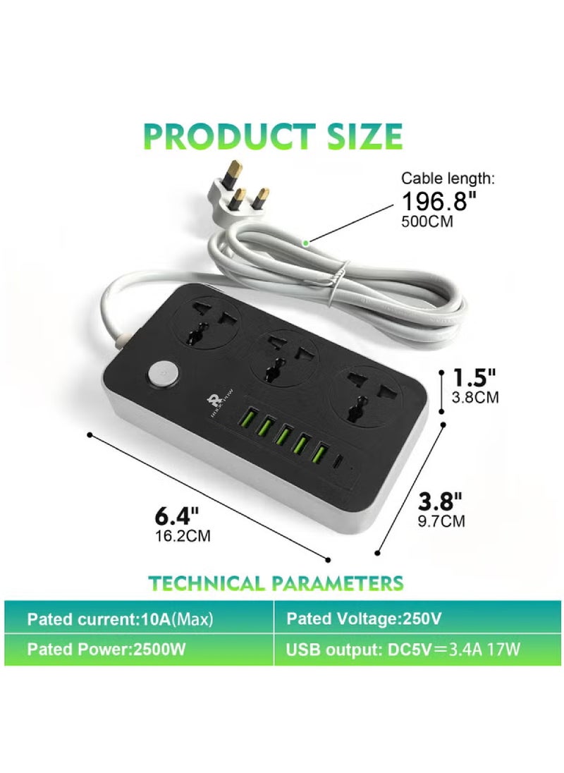 Rock Pow 5 Meter 9 in 1 Universal Extension Cord with 3 Power Socket and 6 USB Slots, 3 Way Power Strip with USB type Charging slot, for home & office use Extension Lead 5M  - Image 4