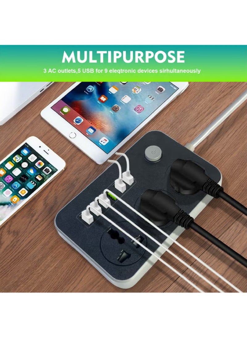 روك بو - سلك تمديد عالمي 9 في 1 بطول 5 أمتار مع 3 مقابس طاقة و6 فتحات USB، شريط طاقة ثلاثي الاتجاهات مع فتحة شحن من نوع USB، للاستخدام المنزلي والمكتبي، سلك تمديد 5 متر - Image 1