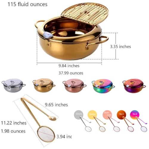 BOOTLION Stainless Steel Deep Fryer for Home, 115Oz Tempura Fryer Pot w/Thermometer and Oil Drip Rack Lid, Japanese Style Deep Frying Pan w/Strainer Clip, for Tempura chips, Fish, and Chicken (Gold) - Image 3