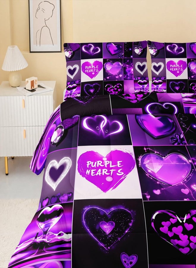 QOOMO Cartoon Hearts Kids Bedding Set,Purple Print Comforter Set Twin Size for Boys Girls Teen Room Decorat,Soft Lightweight Bed Set All Season,1 Comforter 2 Pillowcases - Image 5