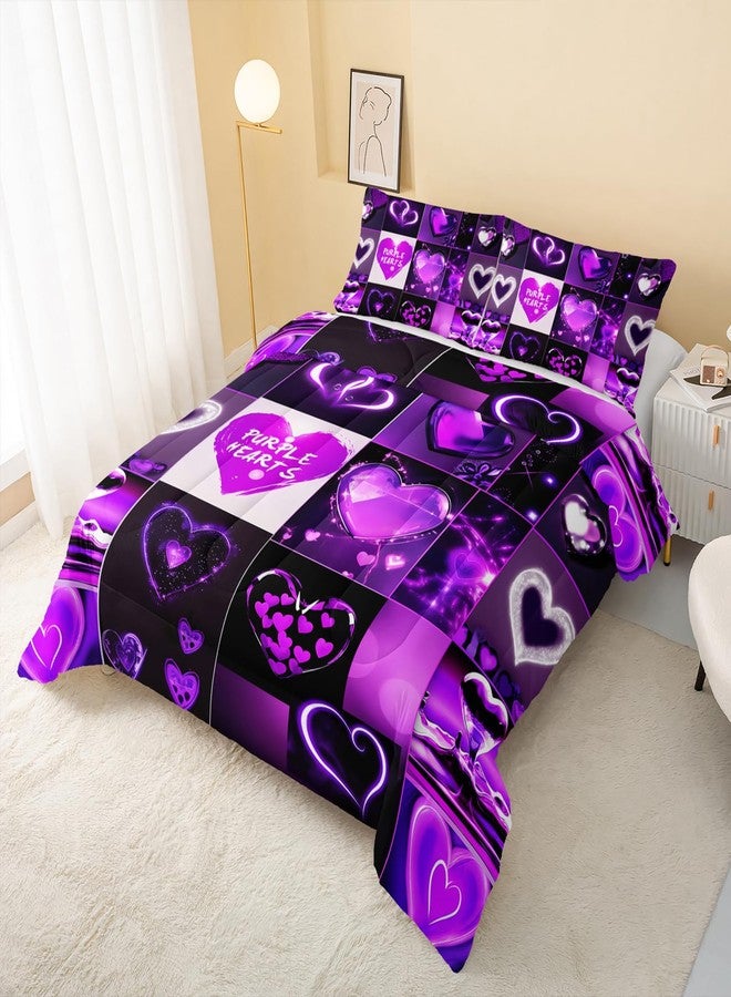 QOOMO Cartoon Hearts Kids Bedding Set,Purple Print Comforter Set Twin Size for Boys Girls Teen Room Decorat,Soft Lightweight Bed Set All Season,1 Comforter 2 Pillowcases - Image 4