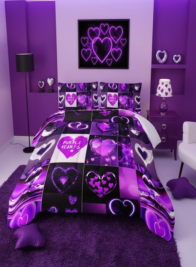 QOOMO Cartoon Hearts Kids Bedding Set,Purple Print Comforter Set Twin Size for Boys Girls Teen Room Decorat,Soft Lightweight Bed Set All Season,1 Comforter 2 Pillowcases - Image 3
