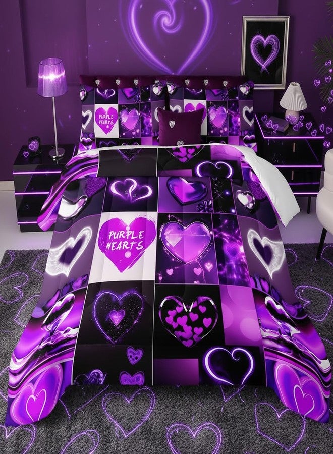 QOOMO Cartoon Hearts Kids Bedding Set,Purple Print Comforter Set Twin Size for Boys Girls Teen Room Decorat,Soft Lightweight Bed Set All Season,1 Comforter 2 Pillowcases - Image 1