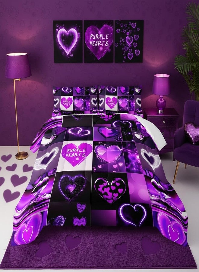QOOMO Cartoon Hearts Kids Bedding Set,Purple Print Comforter Set Twin Size for Boys Girls Teen Room Decorat,Soft Lightweight Bed Set All Season,1 Comforter 2 Pillowcases - Image 2