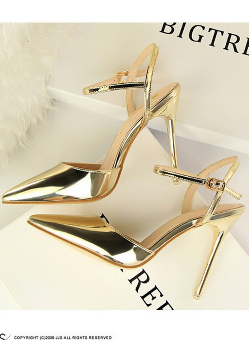 BIGTREE Women's Closed Pointed Toe 10.5 CM High Heels With Adjustable Ankle Strap Sandals Shoes Stiletto Pumps Gold - Image 3