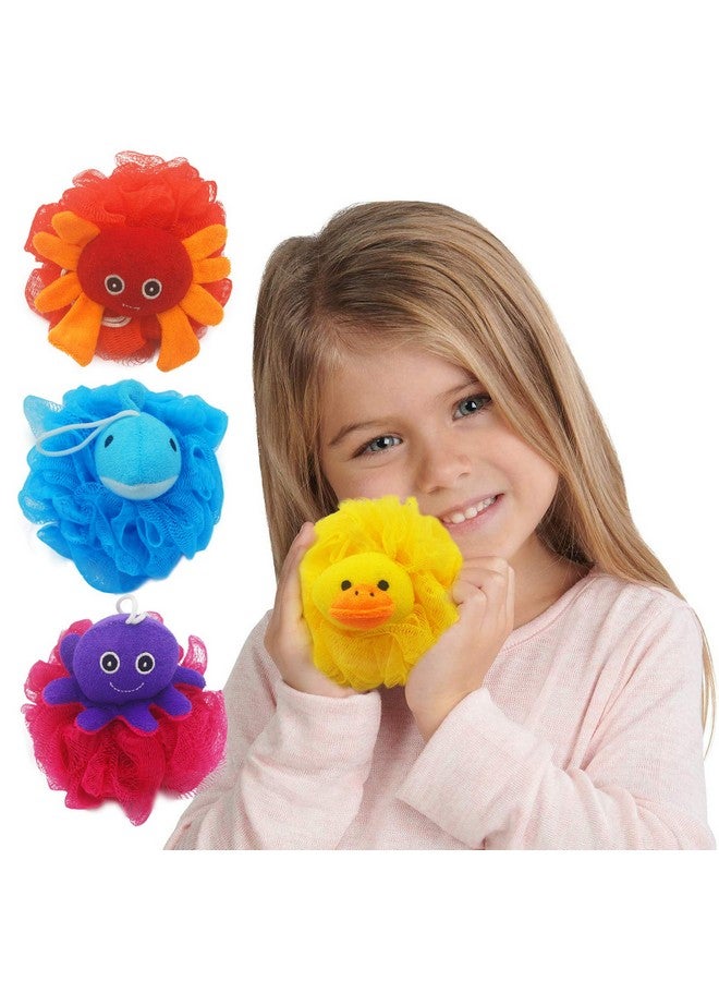 Bleu Bath Leu Bath (4 Pack) Lovely Animal Design Kids Exfoliating Bath Scrubber Body Scrubber Shower Ball For Baby Toddler Kids Gentle Exfoliating Bath Sponge Loofah Pouf In Colorful Design - Image 3
