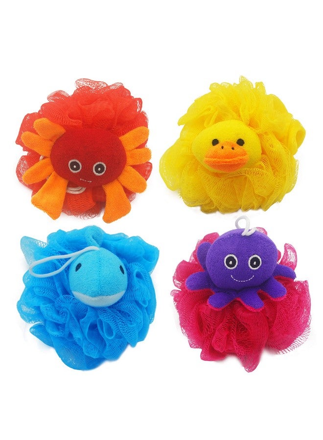 Bleu Bath Leu Bath (4 Pack) Lovely Animal Design Kids Exfoliating Bath Scrubber Body Scrubber Shower Ball For Baby Toddler Kids Gentle Exfoliating Bath Sponge Loofah Pouf In Colorful Design - Image 1
