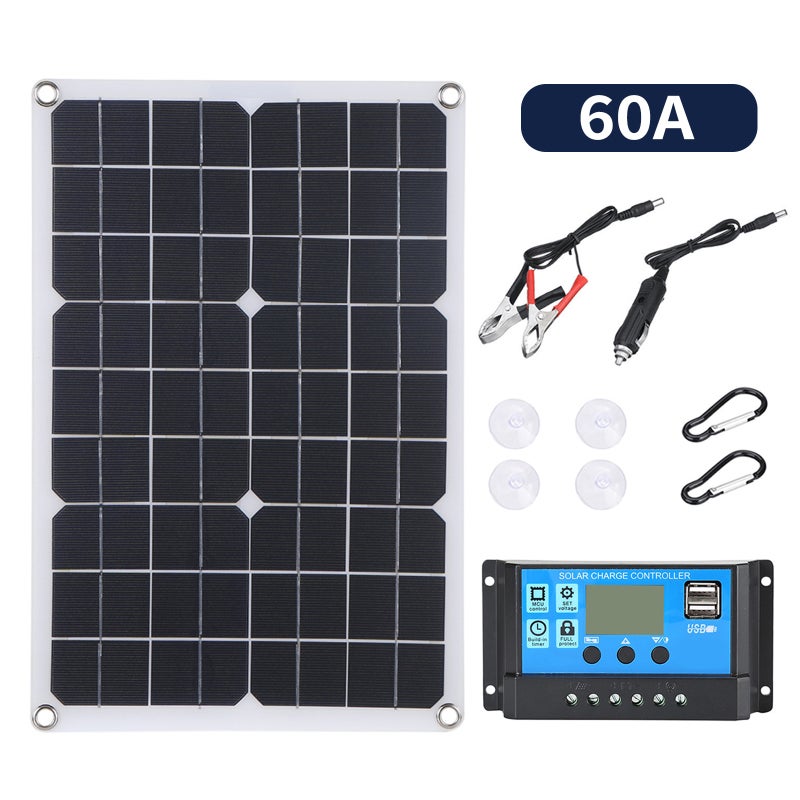 Solar Panel Kit 60A Controller 21% High-Efficiency Monocrystalline Silicon - Dual USB & DC5521 Ports Portable Black Solar Panel for Outdoor Camping Hiking Travel Device Charging - Image 1