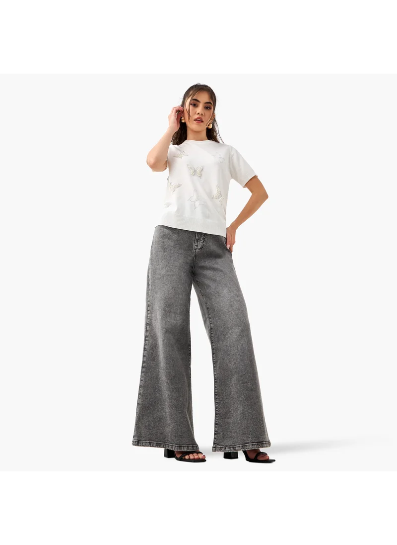 تواكستريمز 2Xtremz Pearl Embellished T-shirt with Round Neck