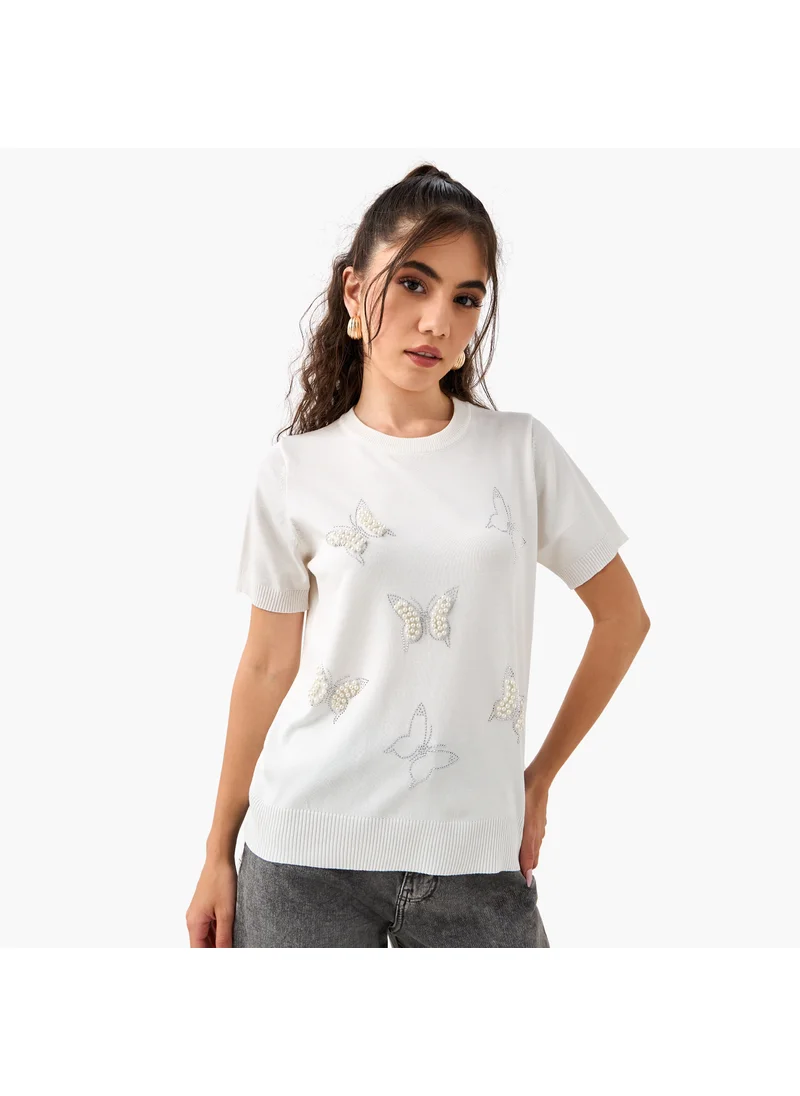 تواكستريمز 2Xtremz Pearl Embellished T-shirt with Round Neck