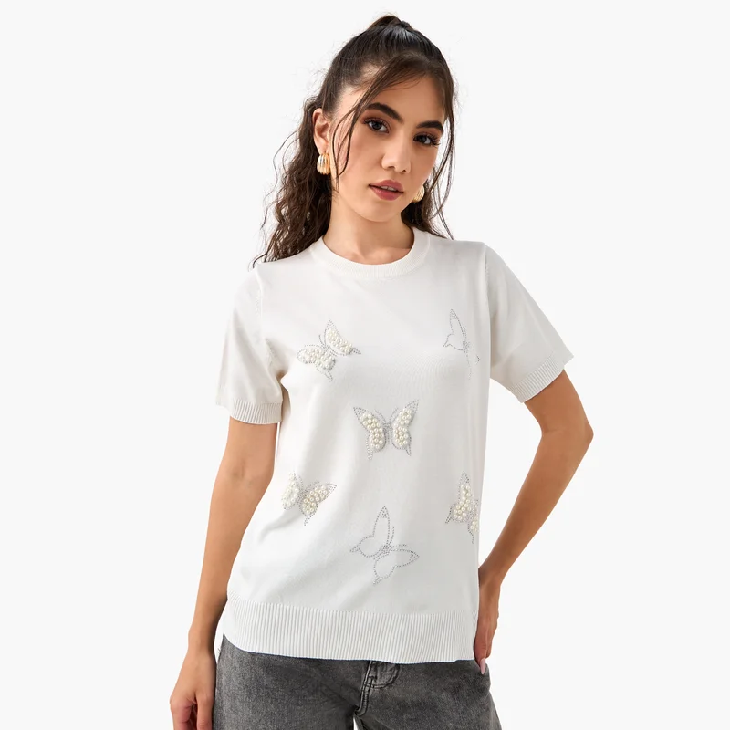 2Xtremz 2Xtremz Pearl Embellished T-shirt with Round Neck