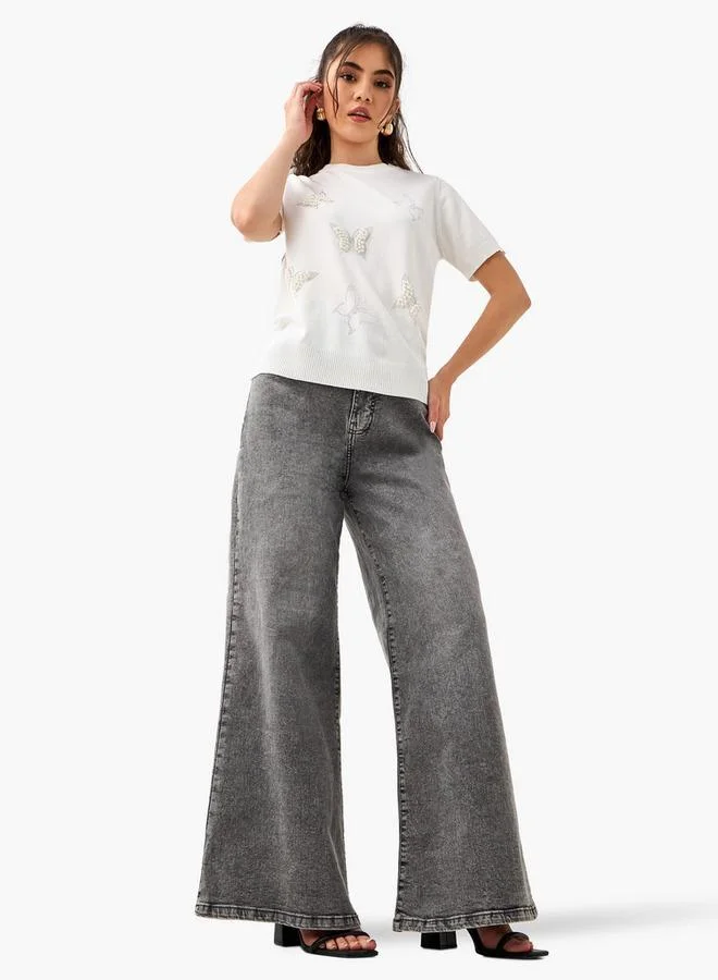 2Xtremz 2Xtremz Pearl Embellished T-shirt with Round Neck