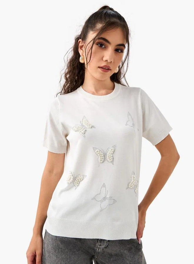 2Xtremz 2Xtremz Pearl Embellished T-shirt with Round Neck