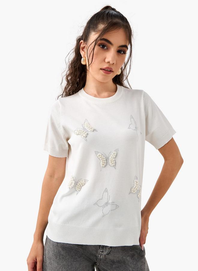2Xtremz Pearl Embellished T-shirt with Round Neck - Image 1