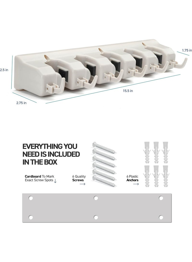 Mop and Broom Holder Wall Mount Garden Tool Storage Rack 5-Position Plastic Hanger for Home Closet Garage Organizer - Image 2