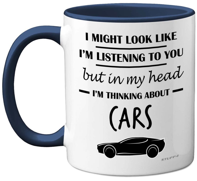 Stuff4 Gifts for Car Enthusiasts - in My Head I'm Thinking About Cars - Funny Classic Car Mug, Gifts for Cars Lovers, Petrol Head Gifts, 11oz Ceramic Dishwasher Safe Premium Navy Handle Mugs - Image 1