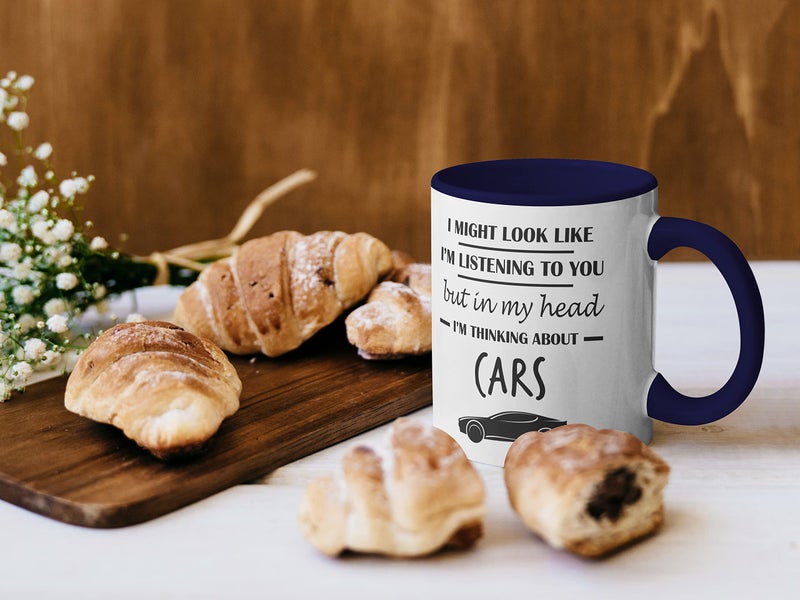Stuff4 Gifts for Car Enthusiasts - in My Head I'm Thinking About Cars - Funny Classic Car Mug, Gifts for Cars Lovers, Petrol Head Gifts, 11oz Ceramic Dishwasher Safe Premium Navy Handle Mugs - Image 2