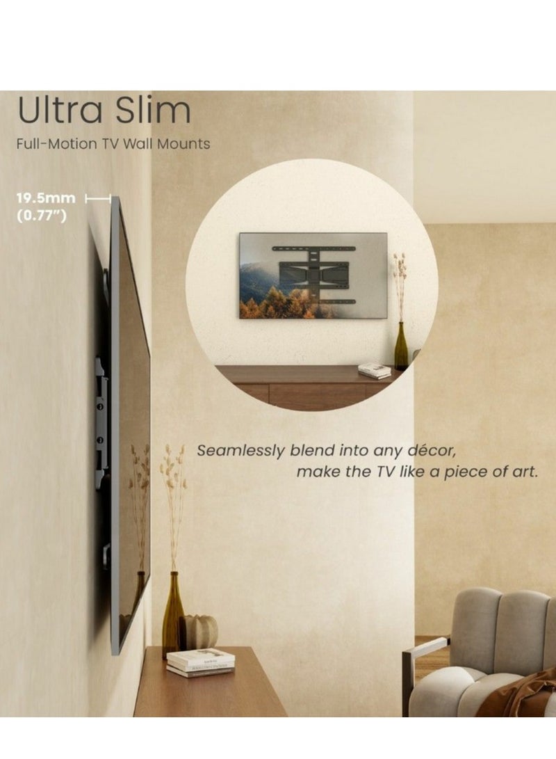 هامود حمود، حامل جداري فائق النحافة للتلفزيون بحركة كاملة من 43 إلى 90 بوصة. يدعم حتى 600 × 400. زاوية عرض من 19.5 إلى 250 مم. يتضمن ميزانًا للتعليق. إمالة 7 دوارة. أقصى حمولة 50 كجم. لون أسود مطفي. - Image 2