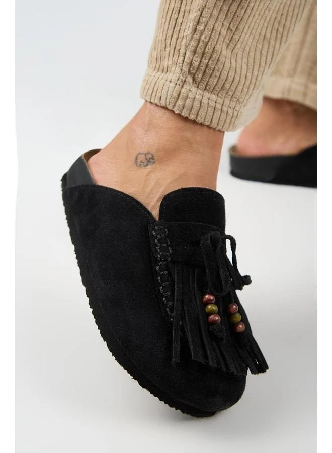 Malinda Women's Genuine Leather Tassel Beaded Detailed Sabo Black Slippers.