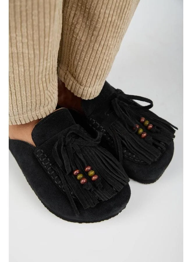Manijero  Malinda Women's Genuine Leather Tassel Beaded Detailed Sabo Black Slippers. for Women | Best Price UAE