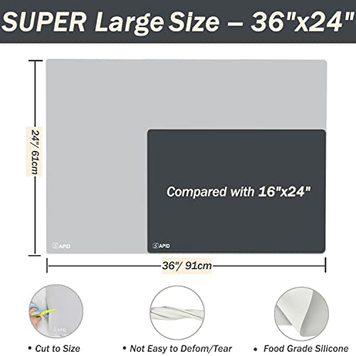 SAPID Extra Large Silicone Mat 36" x 24" Place Mats, Heat Resistant Mat for Kitchen Countertop Protector, Thick Placemats Washable Silicone Mats for Kitchen Counter Mat Dining Table Mat, Grey, Sapid - Image 2