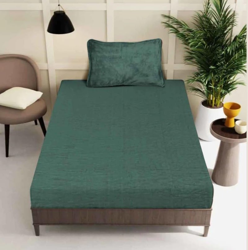 S&S Sands® Elastic Warm Bedsheet for Winter Single Bed 36 x 78 x 8 inches, with 1 Pillow Cover. (Green) - Image 1