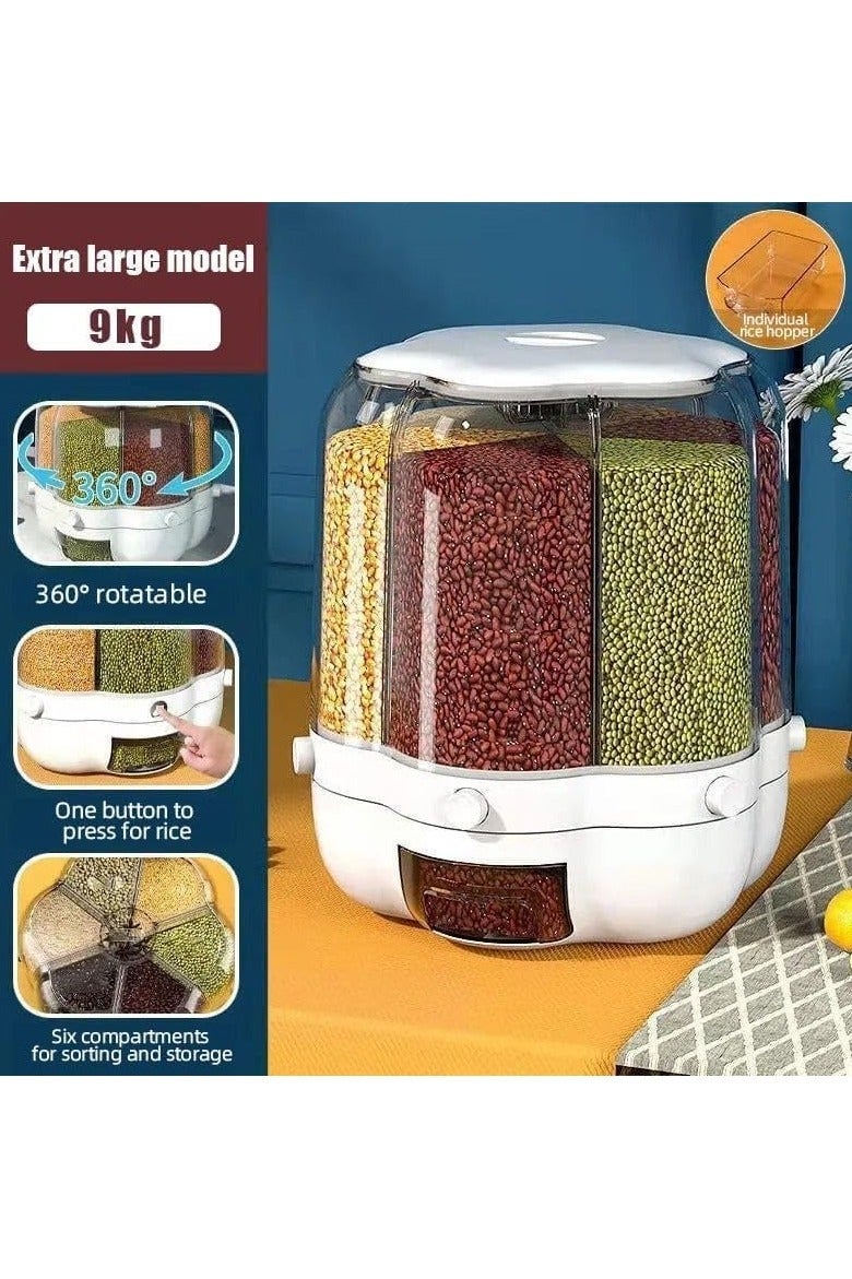 Denx 9kg Multifunctional Rotating Cereal Storage Bucket, 6 Compartment Dry Food Container with 360 Degree Rotation, Transparent Design and Moisture-Proof Storage for Rice, Grains, Nuts, Pasta by  DX2084 - Image 1