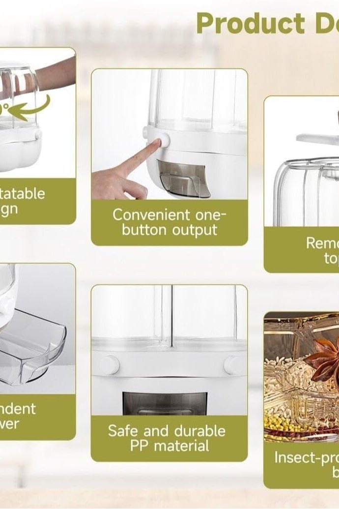 Denx 9kg Multifunctional Rotating Cereal Storage Bucket, 6 Compartment Dry Food Container with 360 Degree Rotation, Transparent Design and Moisture-Proof Storage for Rice, Grains, Nuts, Pasta by  DX2084 - Image 5