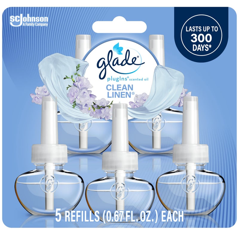 Glade PlugIns Refills Air Freshener, Scented and Essential Oils for Home and Bathroom, Clean Linen, 3.35 Fl Oz, 5 Count - Image 1