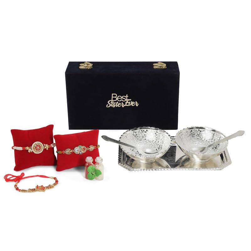 INTERNATIONAL GIFT® German Silver Round Bowl Spoon Tray Or Carry Bag with Best Sister Ever Tag |German Silver Metal Suitable for Gifting, Serving, Home Décor and Pooja - Image 1